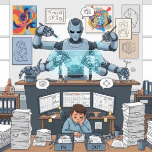 A conceptual illustration highlighting the wrong way businesses may be using AI: a robot joyfully creating abstract designs and art at a computer, while a human is stuck doing dull, repetitive data entry and filing.